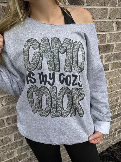 CAMO IS MY COZY COLOR OFF THE SHOULDER SWEATSHIRT