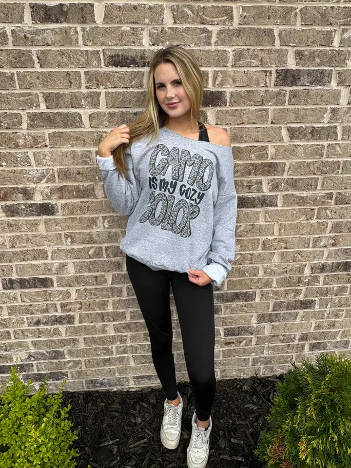 CAMO IS MY COZY COLOR OFF THE SHOULDER SWEATSHIRT